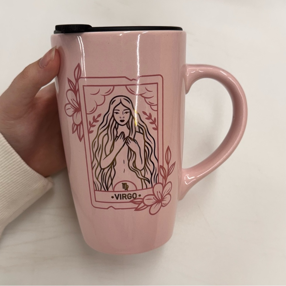 Pink Virgo Tarot Card Woman Tall Mug Zodiac Witchy Cute With Lid - Picture 2 of 5